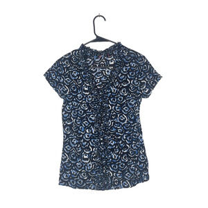 Retro Womens Blouse Blue Geometric Y2K Funky Abstract Ruffle V Neck Size S